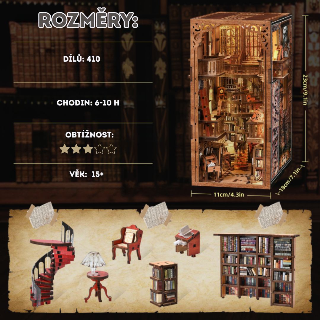 DIY Book Nook - Abbey Library | Minicity Miniature House – rozměry modelu