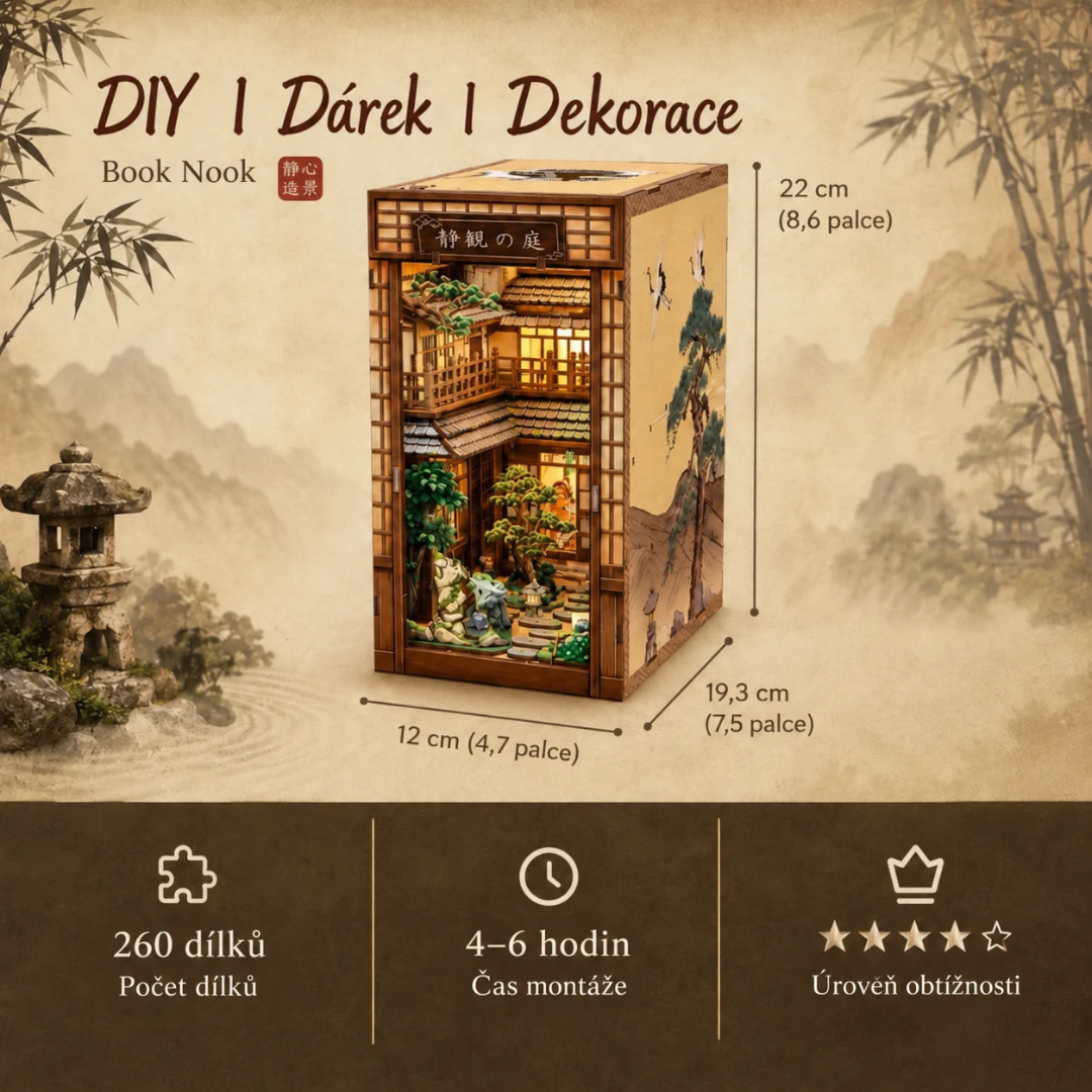 Serene Courtyard – DIY Book Nook CuteBee | 3D puzzle Dárek – rozměry modelu