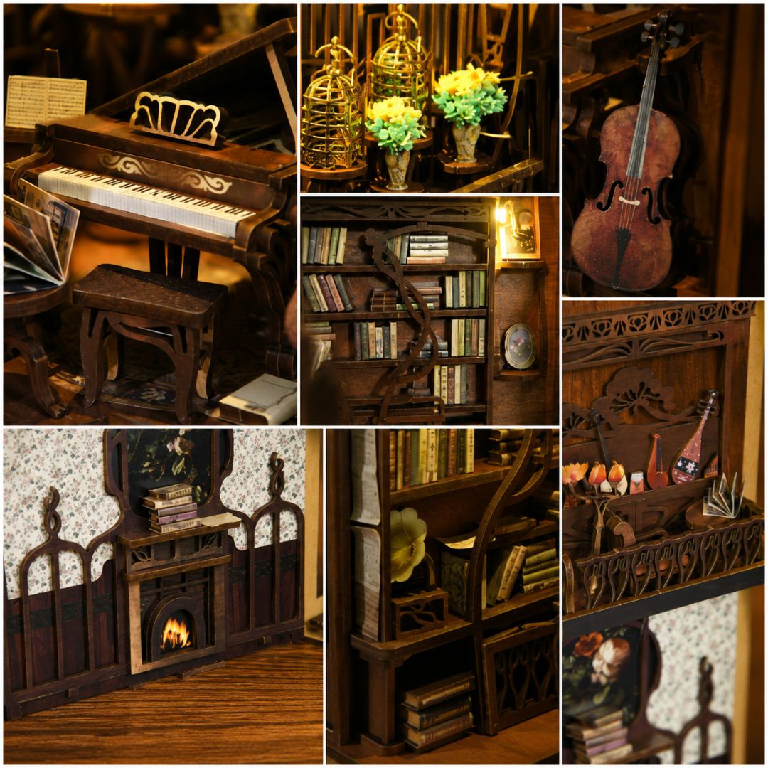 Nokturno ve dřevě a světle – DIY Book Nook - Pianista a slavík Pianist with Nightingale | MiniCity