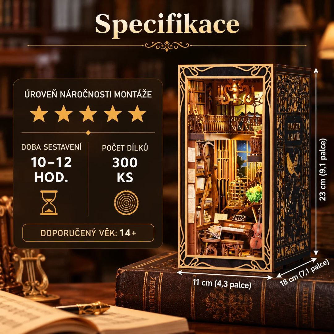 DIY Book Nook - Pianista a slavík Pianist with Nightingale | MiniCity – rozměry modelu