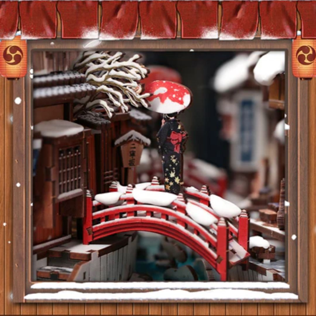 Červený mostek nad potokem – Kyoto Snow Whisper - DIY Book Nook | Cutebee
