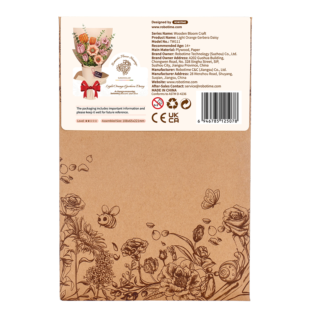 Oranžová gerbera – 3D puzzle Rowood, dřevěná květina DIY – rozměry modelu