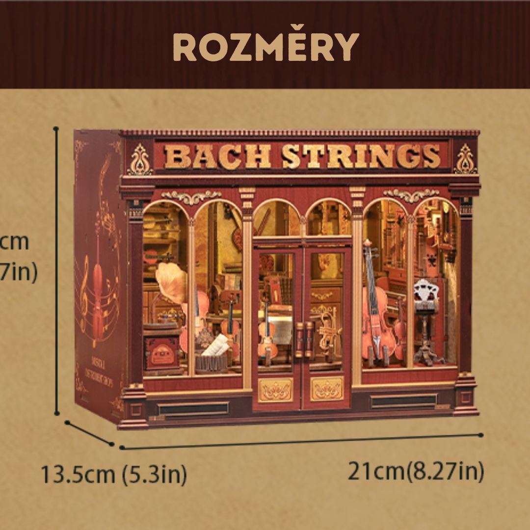 DIY Miniaturní dům - Hudební obchod (Bachovy smyčce) | Cutebee Puzzle 3D – rozměry modelu