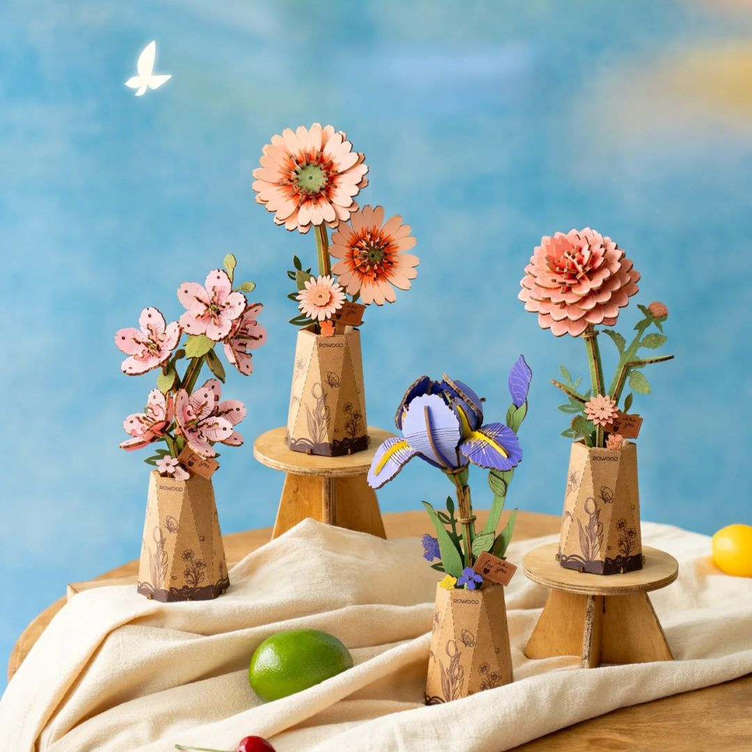 Návod, který vede krok za krokem – Dřevěná sada Puzzle 3D - Fialový kosatec | Rowood