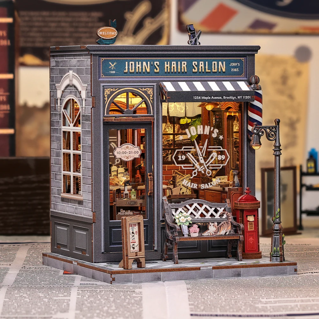 DIY Book Nook - John's Hair Salon | Cutebee Puzzle 3D – LED osvětlení po setmění