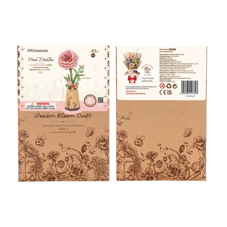 Pink Dahlia – 3D puzzle Robotime, dřevěná jiřinka ve váze