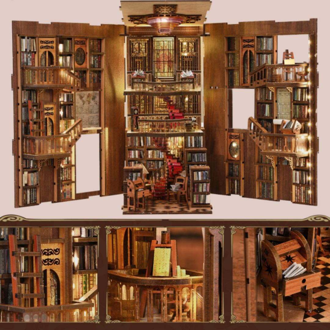 DIY Book Nook - Abbey Library | Minicity Miniature House – LED osvětlení po setmění