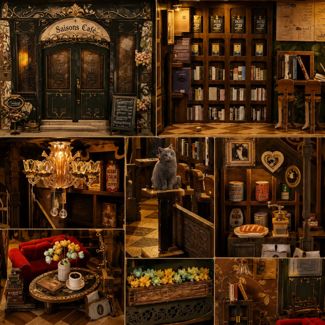 Večerní záře book nooku – DIY Book Nook - Kavárna Saisons Café s LED | MiniCity