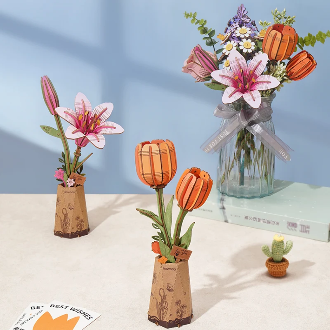 Krok za krokem, bez stresu – Orange Tulip – 3D puzzle Robotime, kytice tulipánů ve váze