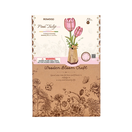 Pink Tulip – 3D puzzle Robotime, dřevěná kytice s hrací skříňkou