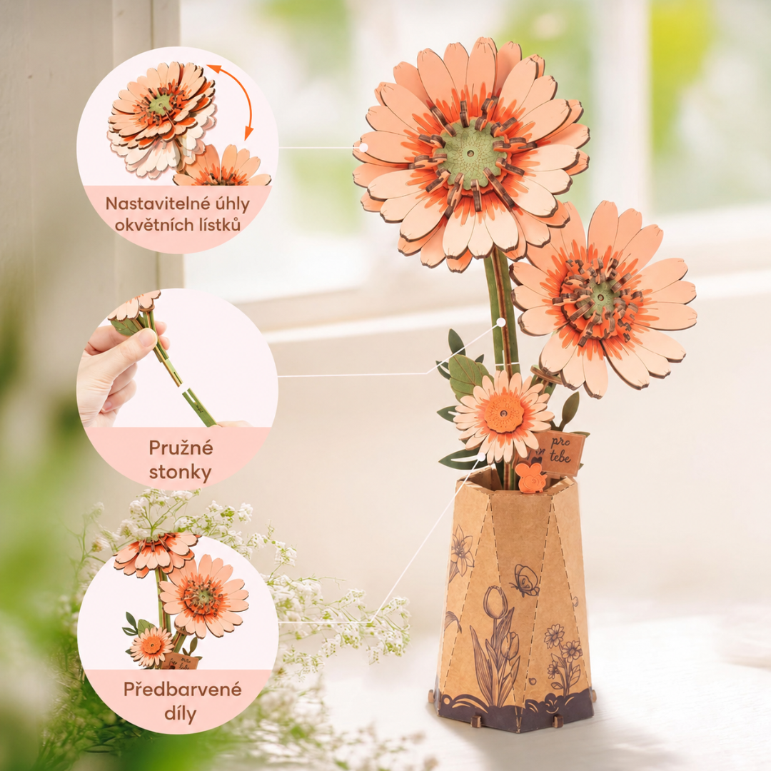 Zelené listy a ozdobný podstavec – Oranžová gerbera – 3D puzzle Rowood, dřevěná květina DIY