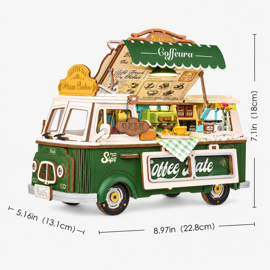 Coffee Truck Leo's – 3D puzzle Rolife, pojízdná kavárna s LED – rozměry modelu