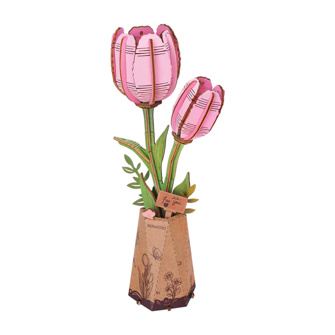 Pink Tulip – 3D puzzle Robotime, dřevěná kytice s hrací skříňkou