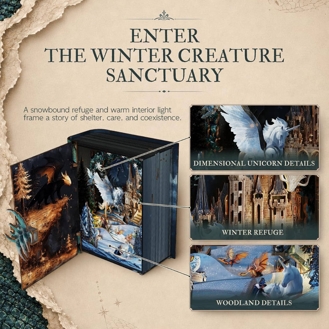 Kniha, která se otevírá – Creature Charms – DIY Book Nook Minicity | 3D puzzle Dárek