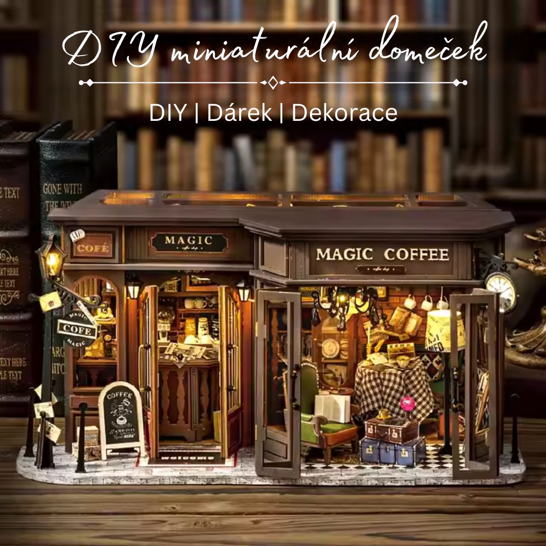 DIY Domeček miniatur - Magic Coffee Shop | Domeček miniatur Cutebee – LED osvětlení po setmění