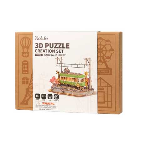 Sakura Journey – 3D puzzle Robotime, tramvaj mezi rozkvetlými třešněmi (223 dílků)