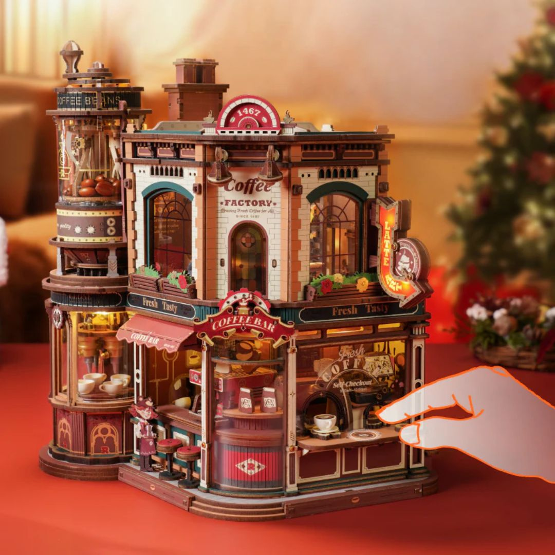 Jazzový rytmus kavárny – Dream Coffee Factory – 3D puzzle Rolife, kavárna s LED (593 dílků)
