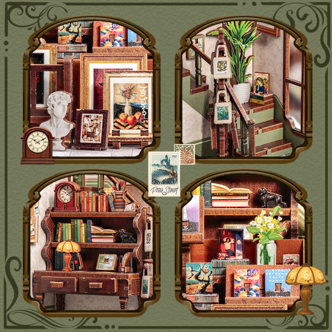 Dvířka s protiprachovým krytem – DIY Book Nook - Gallery Bookstore | Cutebee miniaturní domeček 3D puzzle