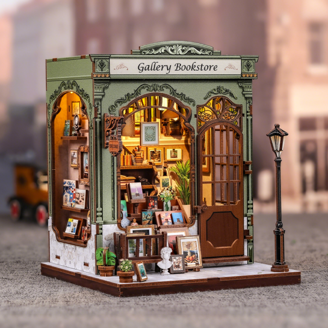 DIY Book Nook - Gallery Bookstore | Cutebee miniaturní domeček 3D puzzle – LED osvětlení po setmění