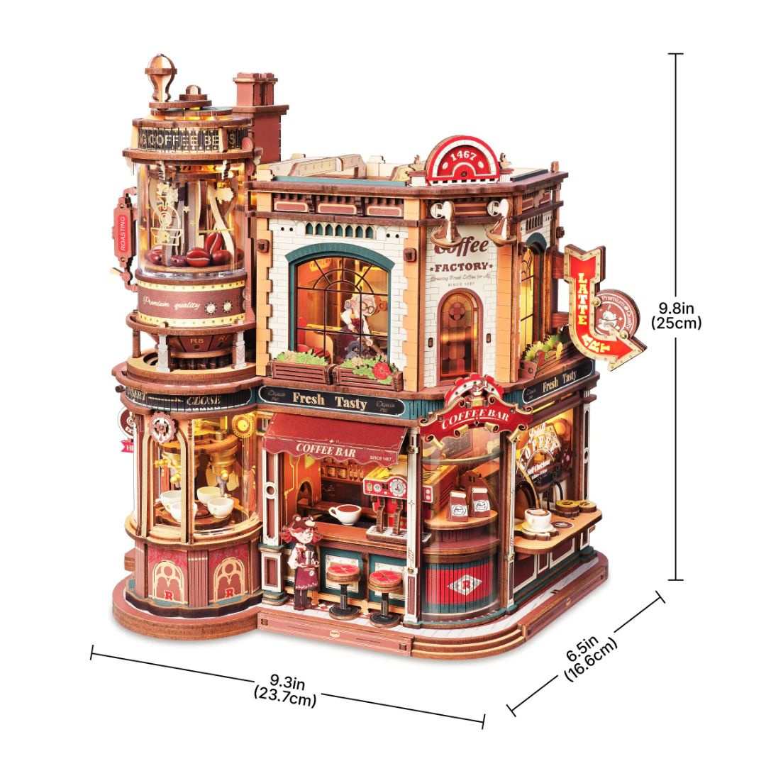 Dream Coffee Factory – 3D puzzle Rolife, kavárna s LED (593 dílků) – rozměry modelu