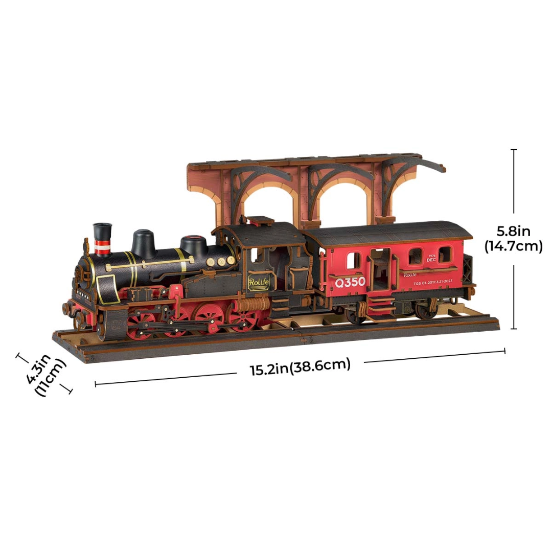 Steam Journey – 3D puzzle Robotime, parní lokomotiva (405 dílků) – rozměry modelu